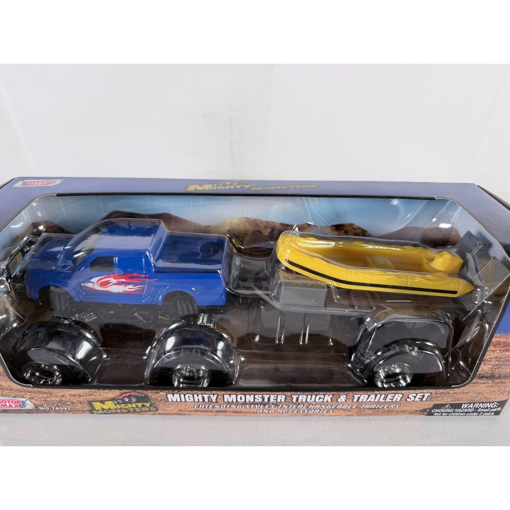 Motor Max Mighty Monsters Truck And Trailer Set Blue Truck Yellow Boat